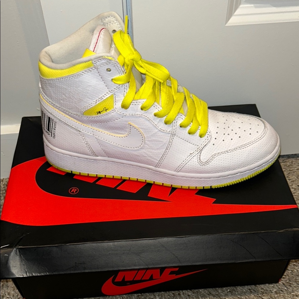 Jordan White and Yellow High-Top Sneakers with Leather Upper